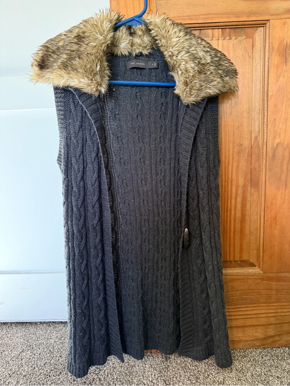The Limited Charcoal Cable Knit Vest with Faux Fur Collar